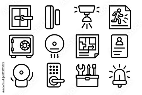 Home Security Essentials. Home & Personal Security linear set: window latch, door sensor, motion light, emergency plan sheet, safe box, smoke detector, escape route map, contact