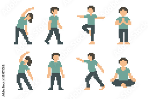 Mindful Movement Icons. Mindful movement practices set set of icons in flat pixel vector style: gentle stretch, slow step, balanced pose, deep-breath gesture, flowing arm arc,