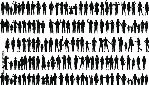 Massive collection of diverse people silhouettes, including men, women, and children, standing in various poses and large group crowds, flat vector illustration isolated on a white background