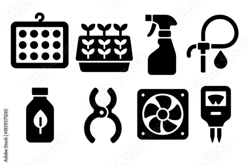 Home Grow Room Icons. Home grow room tools silhouette set: LED panel, germination tray, misting bottle, drip line, fertilizer vial, support clip, ventilation fan, soil tester.