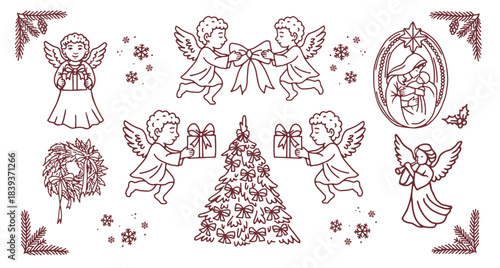 Hand-drawn Christmas angels and holiday line art with nativity and festive decorations