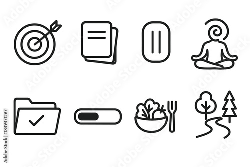 Holistic Productivity Icons. Holistic Productivity Moments linear set: goal target, note stack, pause button, meditation swirl, project folder, progress bar, healthy meal icon,