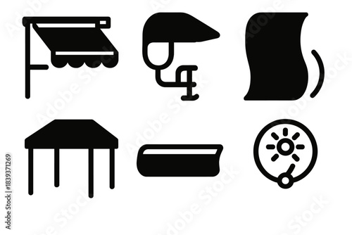 Brutalist Shading Icons. Mobile Shading Gear silhouette set: retractable canopy, clamp-on shade arm, flexible sun screen, portable roof panel, fabric visor strip, solar protection