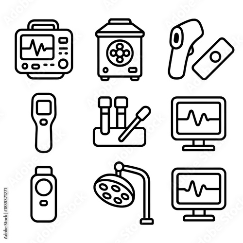 Medical Equipment Icons. Medical Testing Equipment linear set: portable ECG, lab centrifuge icon, thermometer wand, sample slide, diagnostic camera, blood test kit, exam light,