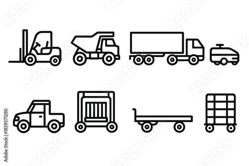 Industrial Vehicle Icons. Industrial mobility elements linear set: lift truck, heavy hauler, cargo trailer, guided rail cart, automated mover, utility vehicle, container shuttle,