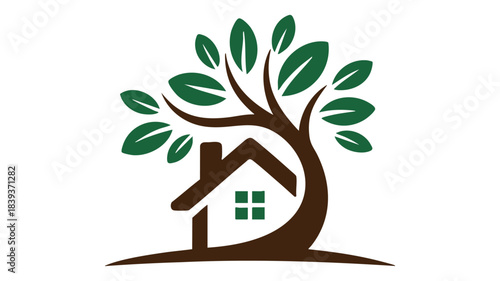 Eco-friendly home and nature harmony concept featuring a house nestled within a vibrant green tree