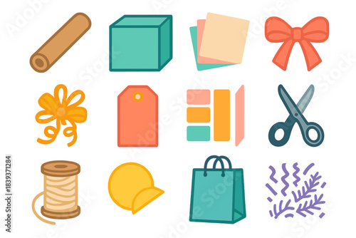 Wrapping Essentials Icons. Wrapping Essentials flat set: kraft paper roll, square box, pastel tissue, organza ribbon, curly bow, message tag, adhesive tabs, cutting shears, cotton