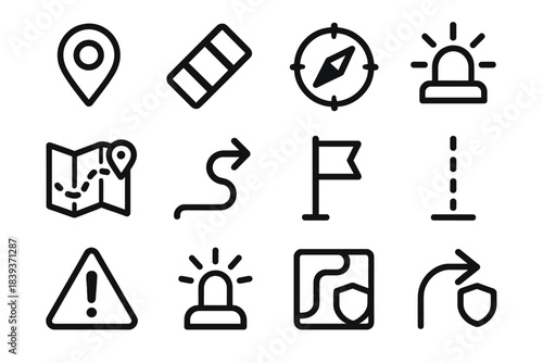 Travel Safety Icons. Travel Safety Navigation linear set: route pin, reflective stripe, compass needle, caution flare, map segment, safe route arrow, guide marker, boundary line,