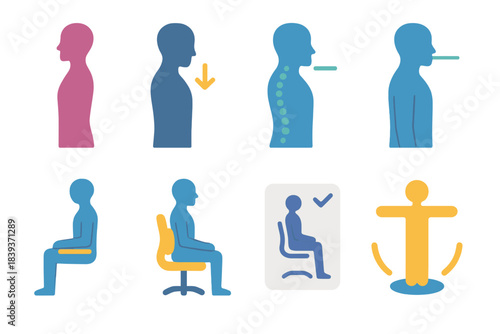 Posture Icons Set. Posture Improvement Icons isometric flat set: tall posture silhouette, shoulder-relax cue, aligned spine curve, chin-level marker, hip alignment bar, lumbar