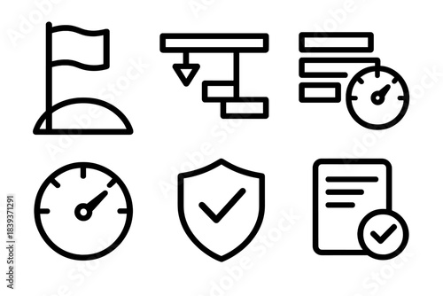 Project Timeline Icons. Critical Timeline linear set: milestone flag, sliding schedule, compressed tasks, urgency meter, checkpoint badge, wrap-up page.