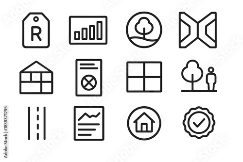Urban Planning Icons. City Development Indicators linear set: zoning class tag, density rating bar, protected area symbol, infrastructure corridor, building envelope diagram,