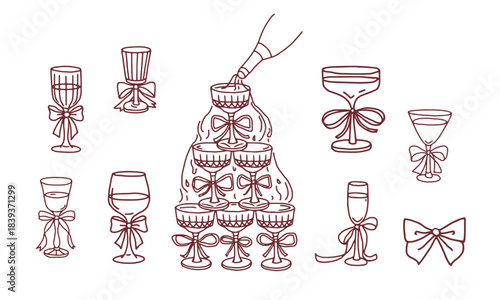 Hand-drawn Champagne Glasses with Bows and Celebration Drink Tower