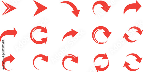 Collection of vibrant red arrow icons in various curved and circular directions