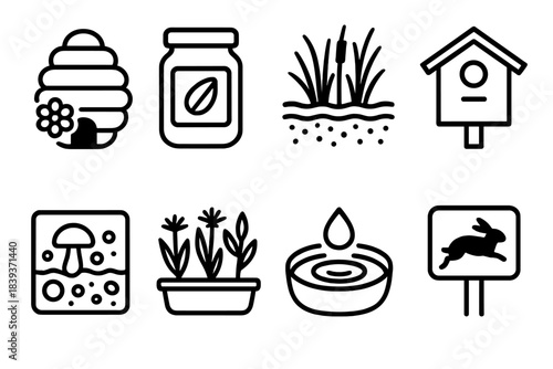 Ecosystem Support Icons. Biodiversity support systems linear set: pollinator hive, seed bank jar, wetland filter bed, nesting box, soil microbe chamber, native plant tray, water