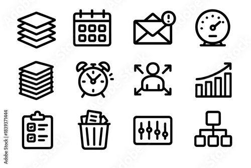 Workload Icon Set. Workload Icons linear set: task stack, crowded calendar, busy inbox, pressure gauge, piling documents, time crunch clock, multitask arrows, demand bar, heavy