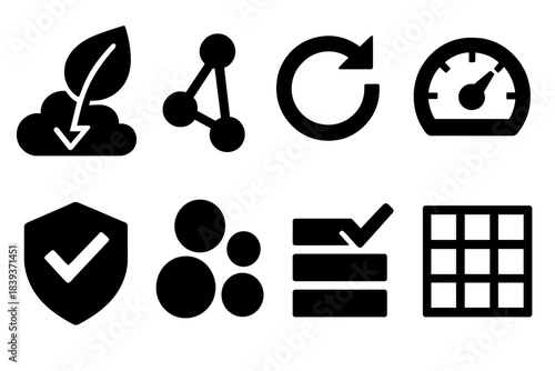 Sustainability Icons Set. Sustainability Impact Framework silhouette set: carbon impact leaf, community equity node, lifecycle analysis loop, resilience gauge, ethical review badge