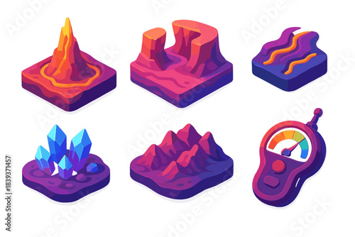 Extraterrestrial Icon Set. Extraterrestrial Landscape Set flat isometric set: volcanic spire, alien canyon tile, mineral vein icon, reflective crystal patch, uneven surface ridge,