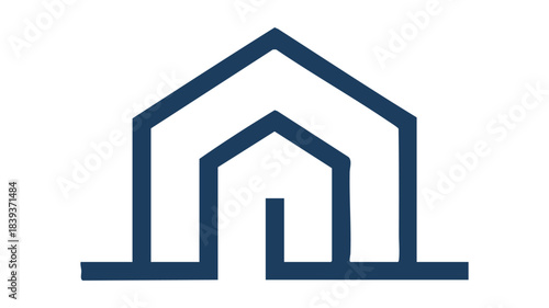 Minimalist dark blue outline of a house or building representing home and shelter
