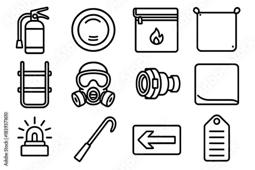 Fire Safety Icons. Home Fire Protection Set linear set: dry-chemical extinguisher, smoke detector puck, fireproof pouch, heat shield pad, evacuation rope ladder, safety mask, hose