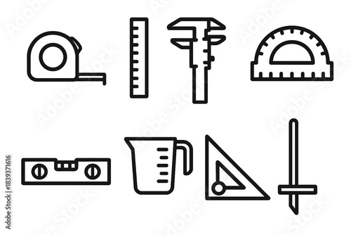 Outline Measuring Tools. Measuring tools linear set: tape measure, ruler, caliper, protractor, level bar, measuring cup, angle gauge, depth probe.