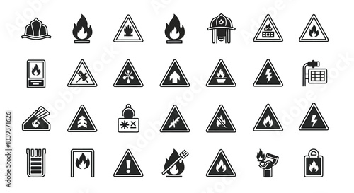 Set of linear icons related to fire safety isolated on firefighting and fire hazard symbols set fire safety signs collection