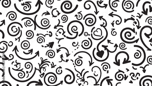 Chaotic black and white abstract pattern of swirling arrows and looping lines