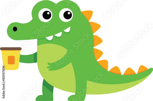 Cute cartoon crocodile holding a drink with a smile