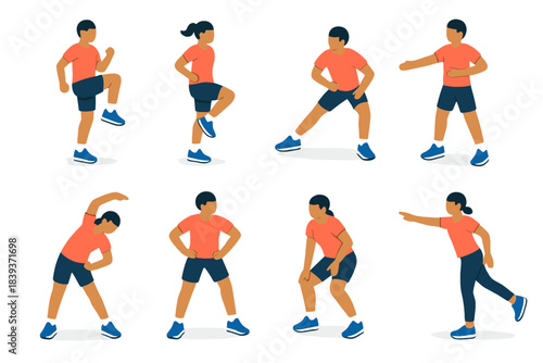 Dynamic Stretching Icons. Dynamic stretching elements isometric flat set: high knee lift, butt kick, side lunge sway, arm swing, torso lean, hip circle, heel lift stretch, balance
