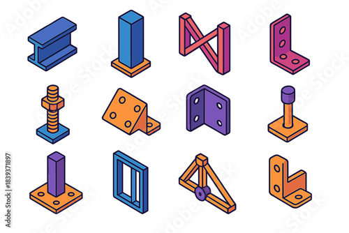 Isometric Structural Components. Structural Assembly Components isometric flat set: steel beam, support column, cross brace, connector plate, anchor bolt, gusset panel, joint