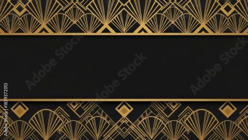 Elegant Art Deco Background with Golden Geometric Patterns and Black Copy Space.