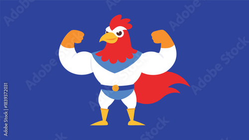 Superhero rooster cartoon character posing with strong muscles