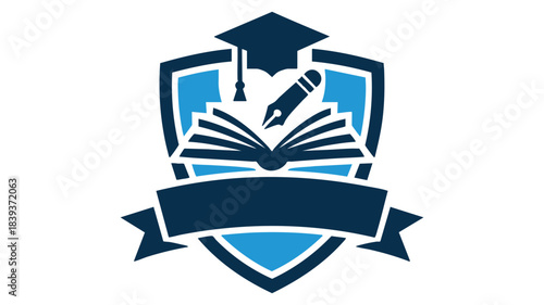 Educational emblem of knowledge and learning featuring a book, pen, and graduation cap