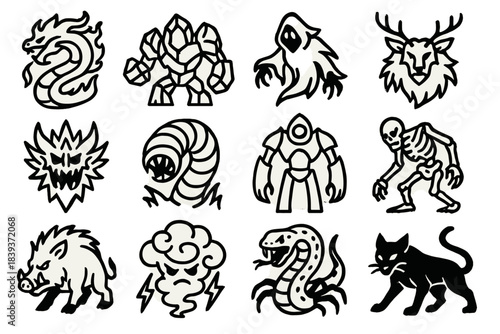 Mystical Monster Icons. Arcane Monster Elements linear set: flame wyrm, crystal golem, phantom shade, woodland beast, frost fiend, dune worm, arcane sentinel, bone walker, cursed