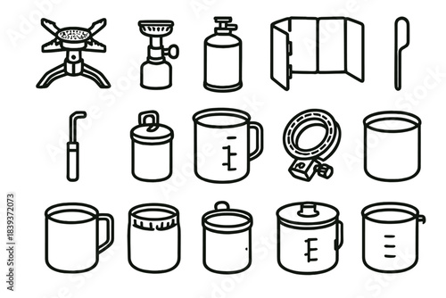 Trek Stove Icons. Lightweight Trek Stoves linear set: micro burner plate, folding support arms, butane canister, wind shield panel, striker tool, nesting pot, lid grip loop, heat