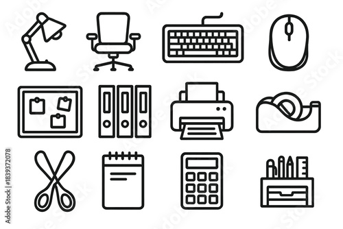 Office Items Icons. Professional Desk Items Pack linear set: table lamp, swivel chair, mechanical keyboard, silent mouse, cork board, filing folders, laser printer, adhesive tape