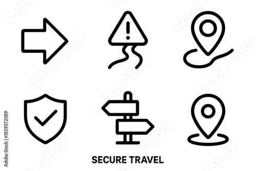 Travel Icons Set. Secure Travel Set linear set: guide arrow, hazard-free path, route marker, safe zone icon, direction panel, arrival point.