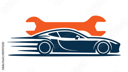 A dynamic logo featuring a fast sports car silhouette combined with a large wrench for automotive service and repair