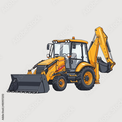 Detailed illustration of a yellow backhoe loader on a light gray background conveying construction