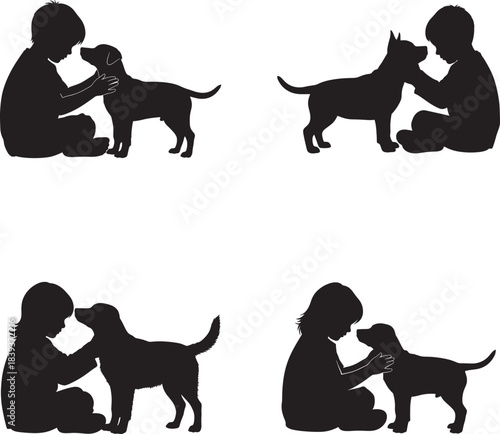Silhouettes of children and puppies interacting in playful and affectionate poses