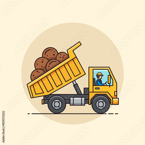 Cartoon illustration of a bright yellow dump truck filled with brown mounds of earth