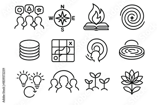 Collective Wisdom Icons. Group Wisdom Dynamics linear set: diverse viewpoints icons, integrative compass, wisdom flame, experience layers, pattern recognition grid, collective