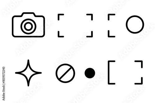 Stylized Camera Icons. General Capture linear set: camera icon, snapshot frame, focus square, capture button, lens flare, shutter line, moment dot, freeze-frame mark.