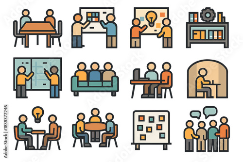 Collaborative Icons Overview. Collaborative Work Environments set of icons in flat pixel vector style: open meeting table, shared whiteboard, idea pinboard, writable glass wall,