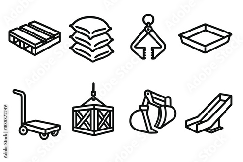 Material Handling Icons. Material Handling Processes linear set: block pallet, sandbag pile, lifting clamp, concrete tray, dolly cart, crate carrier, bucket scoop, transfer chute.