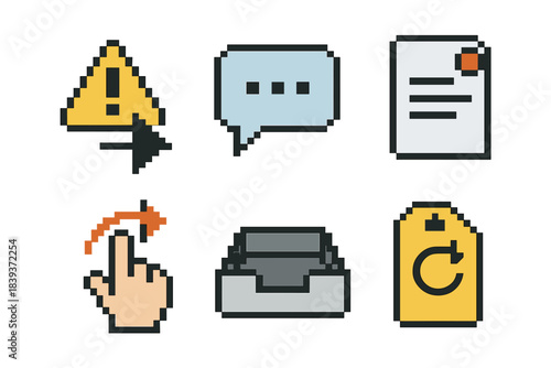 Notification Icons Set. Notification Actions pixel style set: send alert arrow, message bubble, reminder card, swipe gesture, inbox tray, update tag.
