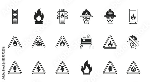 Collection of doodle style vector icons representing various fire safety and warning signs, including fire extinguisher, flame, and hazard symbol isolated on