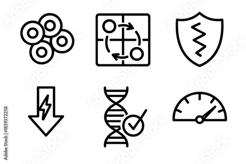 Biological Aging Insights. Biological Aging Insights linear set: healthy cell cluster, metabolic pathway tile, protective enzyme icon, oxidative load arrow, repair enzyme marker,