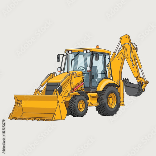 Detailed Yellow Backhoe Loader Illustration Emphasizing Construction and Engineering Dynamics