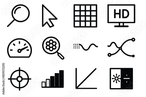 Resolution Icons in Black. Resolution Concepts linear set: clear focus icon, sharpened edge symbol, pixel grid, high-definition frame, clarity gauge, detail magnifier,