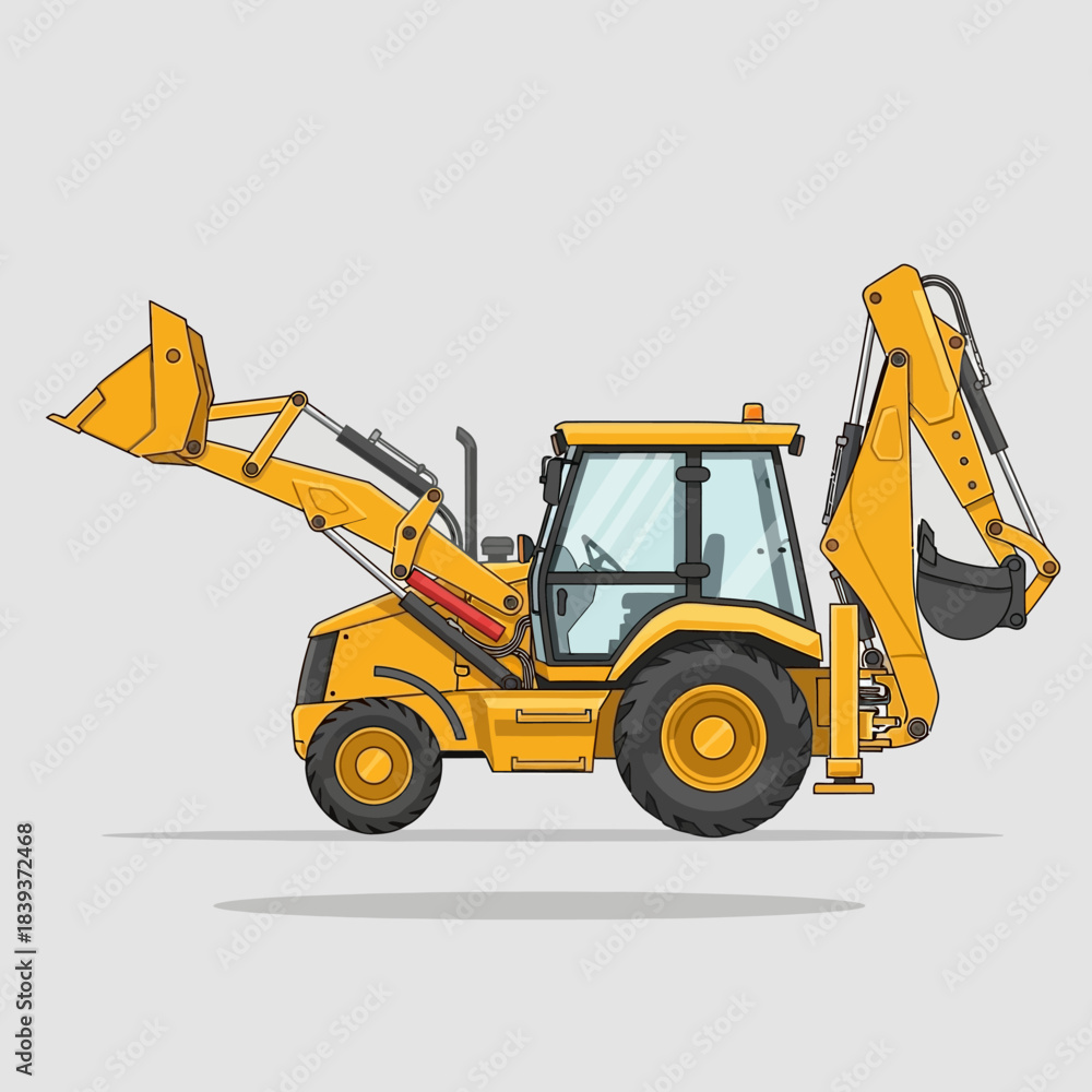 Fototapeta premium Detailed Yellow Backhoe Illustration Showcasing Construction Equipment on a Neutral Backdrop